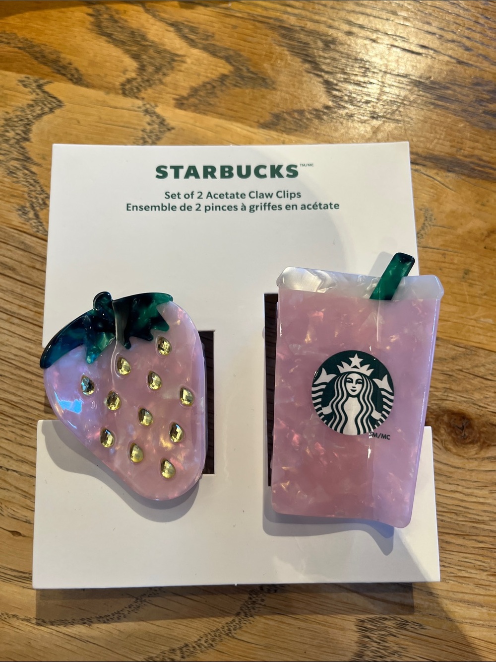 Starbucks Pink Iridescent Strawberry & Cup Acetate Hair Clip Set